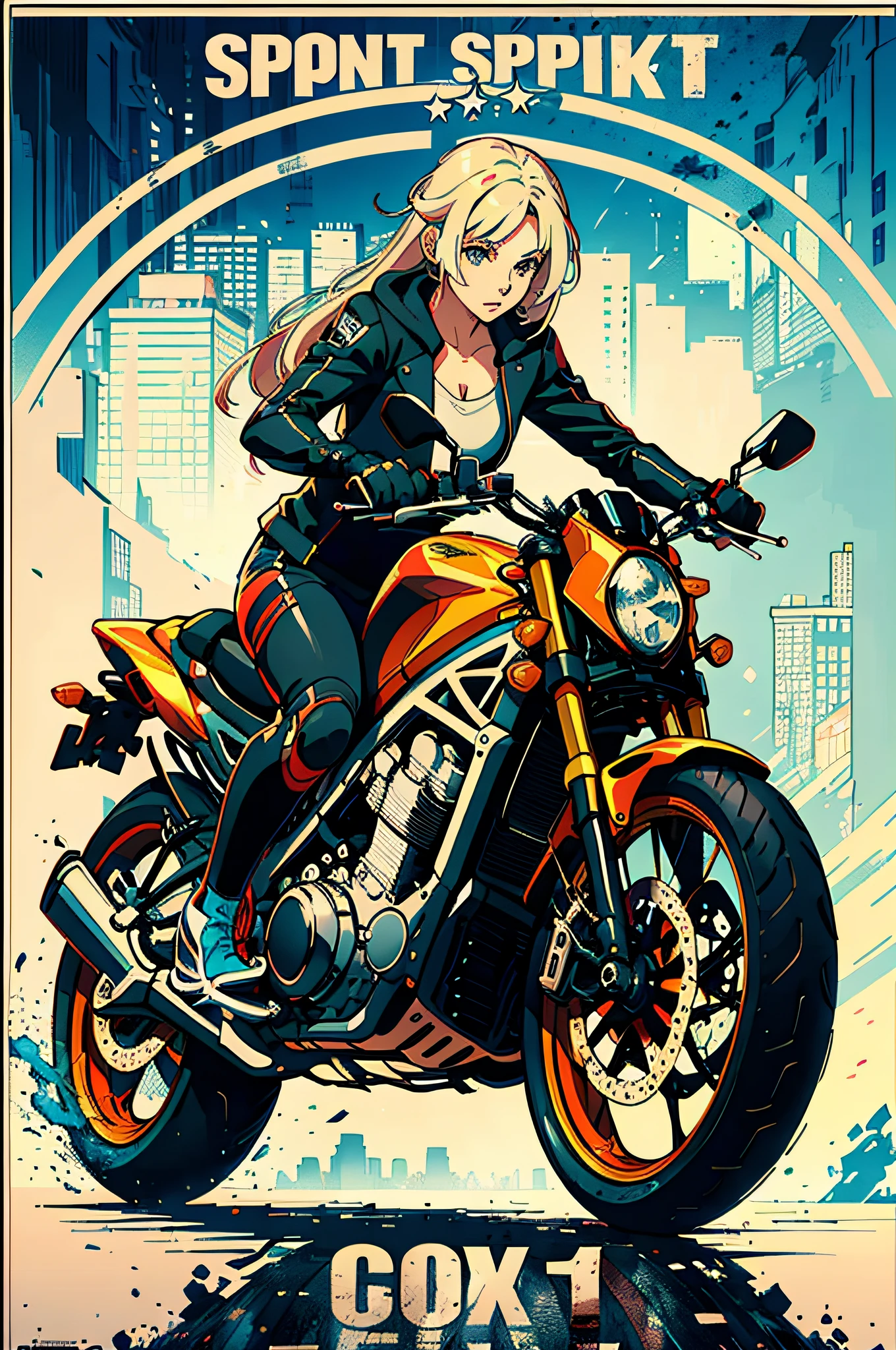 chica montando moto deportiva, cartel de la película,(por la artista Carrie Ann Baade:1.3)