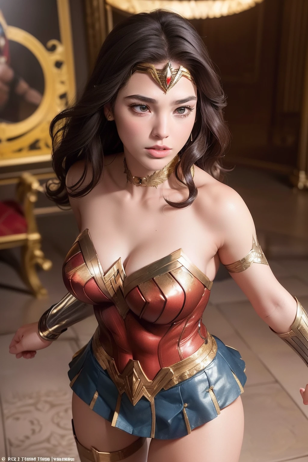 (masterpiece, best quality, photorealistic, cinematic, ultra-detailed, 8k), ((wide shot, full body)), 1 girl, (Gal Gadot as Wonder Woman), (wears a bodice, a snug, durable red piece with gold accents, the gold forms a "W" on her chest, representing her title), (her navel is showing), (her skirt is blue, reaching mid-thigh, made for movement, it has gold trim and layers, showing elegance while allowing her to fight freely), (wears gold bracelets that deflect attacks, her gauntlets, also gold, protect her forearms, both are tough and match her warrior look), (golden sandals with ankle and calf straps, they're comfy, shock-absorbing, and have engraved Amazonian patterns, combining style with practicality), (her gold tiara, adorned with a star-shaped emblem, rests above her eyes, it signifies hope and her royal status, showcasing her strength and guidance), in fighting stance, chaotic battlefield