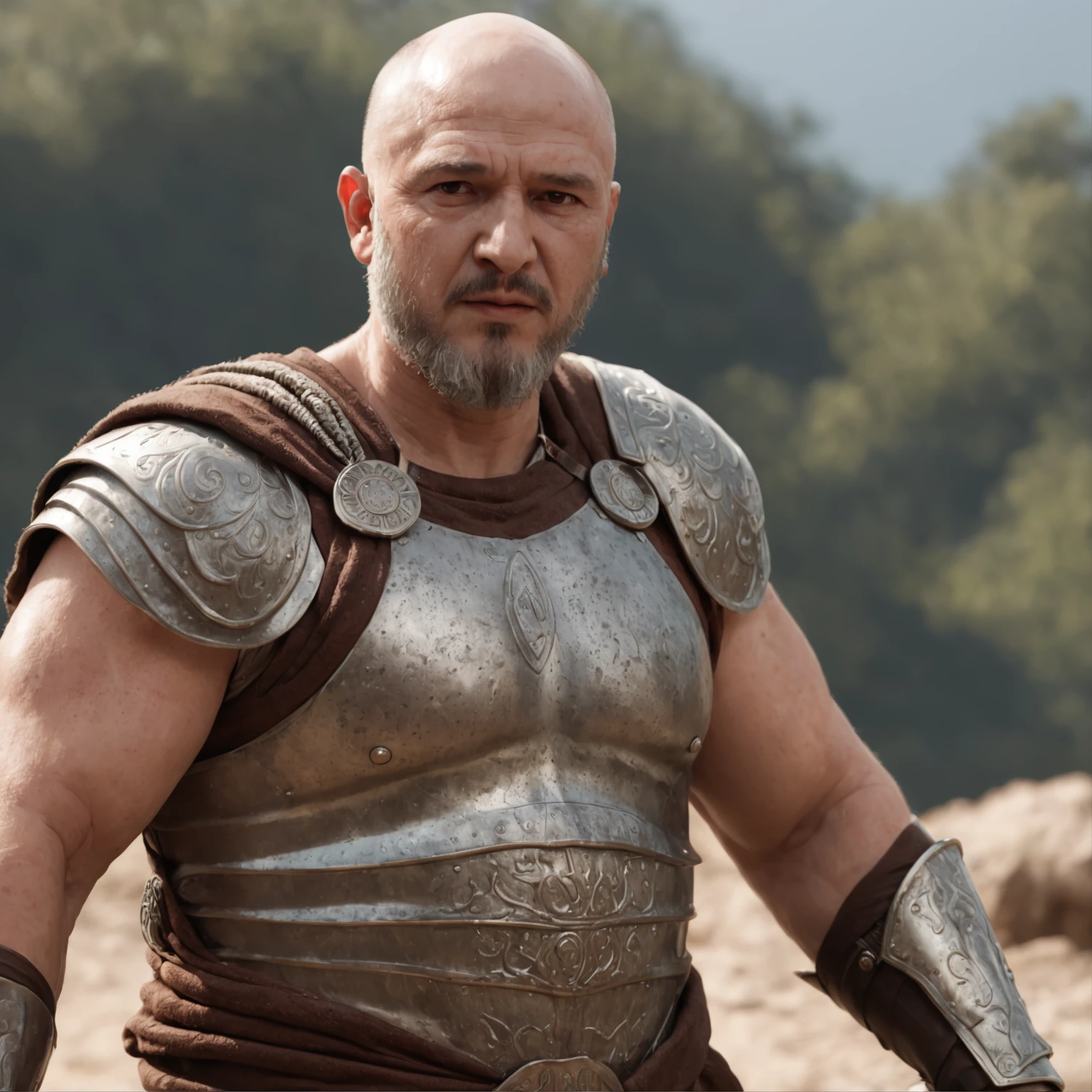 (Professional 3D rendering:1.3) de (Realistic:1.3) foto de arte mais bonita do mundo，soft features, Brilliant male Thracian kings, ((Thracian King Fat Fat Wet Hero Serious Bald Look Without Beard and Happy Expression in Dynamic Pose, fantastic location, majestoso ambiente desordenado)), corpo inteiro 8k unidade render, action shot, poros da pele, very dark lighting, sombreamento pesado, circunstanciado, rosto detalhado, (Vibrando, fotografia realista, Realistic, Dramatic, Escuro, foco nítido, 8k), (Old silver Thracian armor:1.4), ((((Use prata)))), (intrincado:1.4), decadente, (altamente detalhado:1.4), Pintura digital, rendering by octane, art stations, conceito-arte, liso, foco nítido, illustration, germe da arte, (Loish:0.23), Wlop Ilya Kuvshinov, e greg rutkowski e alphonse mucha gracias, (global ilumination, studiolight, light volumetric), chuva forte, floating particles, patife, fantasia, Nosso, Corpo inteiroesbiano, ((Fundo escuro e antigo da cidade:1.3)),CGSesociedade,art stations