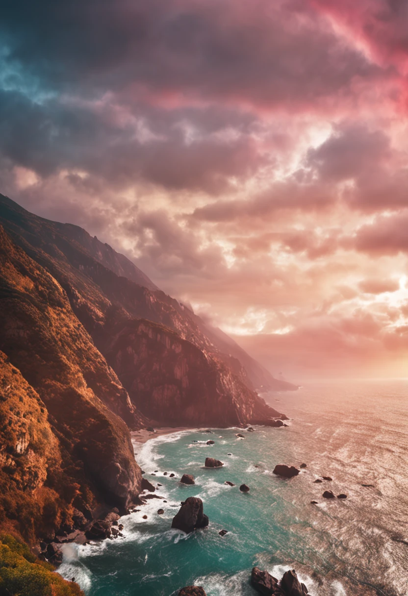 A view of the ocean and cliffs at sunset from a cliff - SeaArt AI