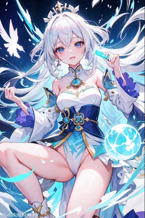 A woman in a white hair and blue dress holds a glowing ball, Beautiful celestial mage, Ayaka Genshin impact, White-haired god, Keqing from Genshin Impact, Anime fantasy artwork, epic mage girl character, Anime fantasy illustration, Anime goddess, shadowver...