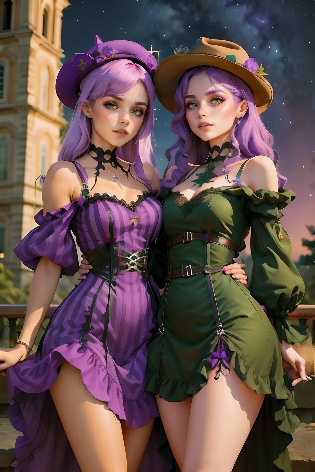 melhor qualidade, realista. 2 garotas de costas uma para a outra, a girl has lilac hair/roxo. A outra garota tem cabelos verdes/verde. They are in front of a tower, night and starry sky