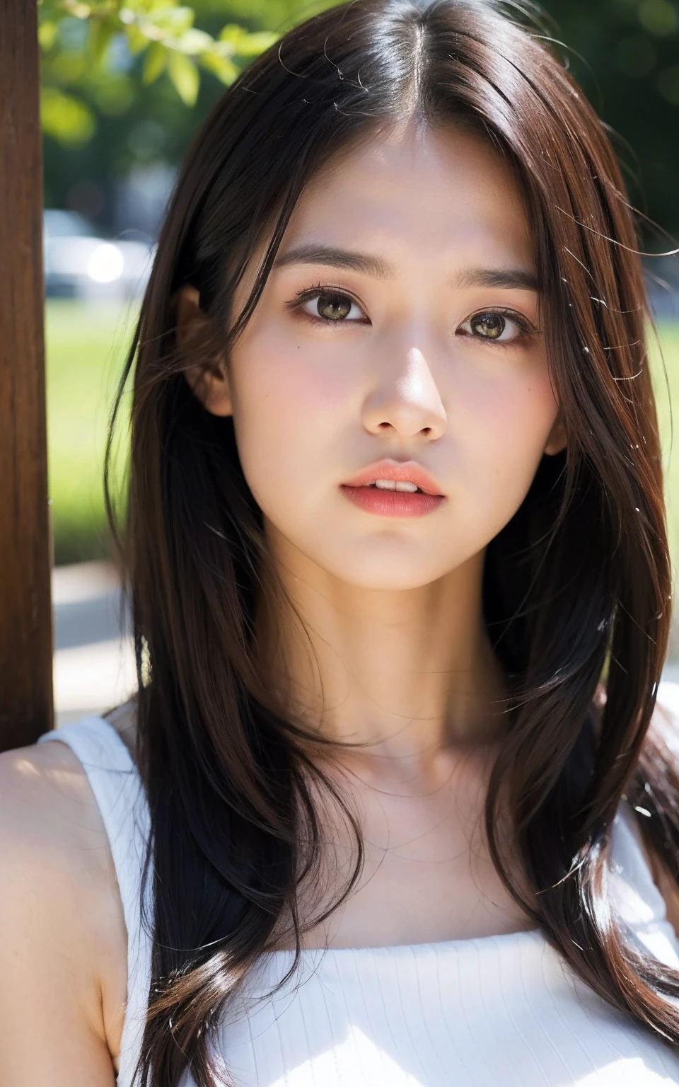 (Raw photo, Best Quality), (Realistic, Photorealsitic:1.3), masutepiece, Extremely delicate and beautiful, Soft light, (Brown hair, Shoulder-length straight hair swaying in the wind), Beautiful detailed girl, (Detailed fingers), extremely detailed eye and face, beautiful detailed nose, Beautiful detailed eyes, 1 girl, Japanese, Neat and clean beauty, Cute,  Shy face、 dress shirts, Pants, (Half body:1.3), (medium breasts), Realistic face, Realistic body,