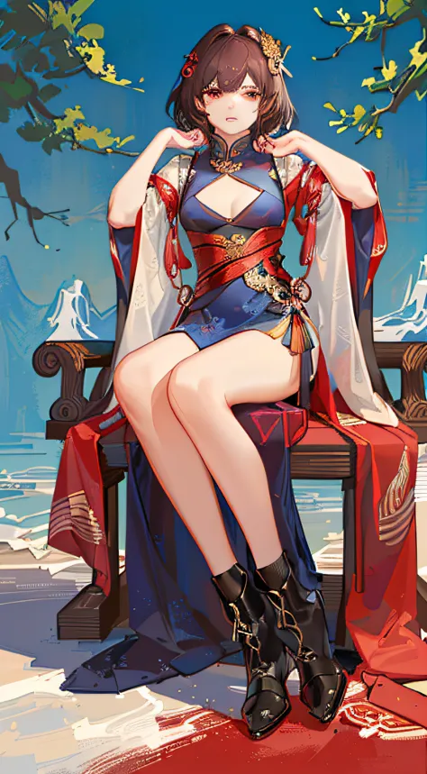teens girl,on cheongsam,boot,full bodyesbian,(detail in face:1.2),tmasterpiece,Fashionab,Song dynasty,Chang'an,short detailed hair,brunette color hair,red - eyed,,sitting on a dragon chair,Hold your head with one hand