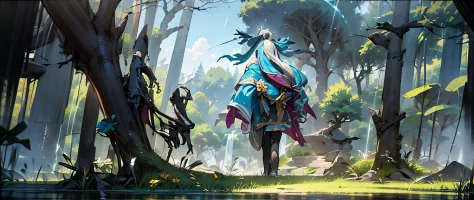 A woman stands in the forest, keyframe illustration, spirit fantasy concept art, concept-art!, concept art for a video game, Gray tones，The sky is gray，Gray and black ground，concept-art!!, forest soul, keyframe, magical fantasy 2 d concept art, illustratio...