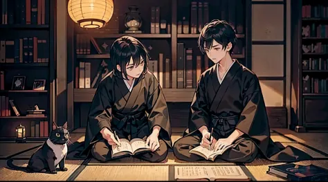 #night sky (darkness of night,no light),
#one writing boy (16 male、honor students、a dark-haired、short-hair、hakama,sit flat),
#bl...