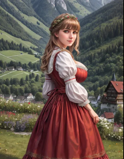 Masterpiece, absurdres, fine detail, HDR, highly detailed face and eyes, photorealistic, drindl, a woman in traditional bavarian...