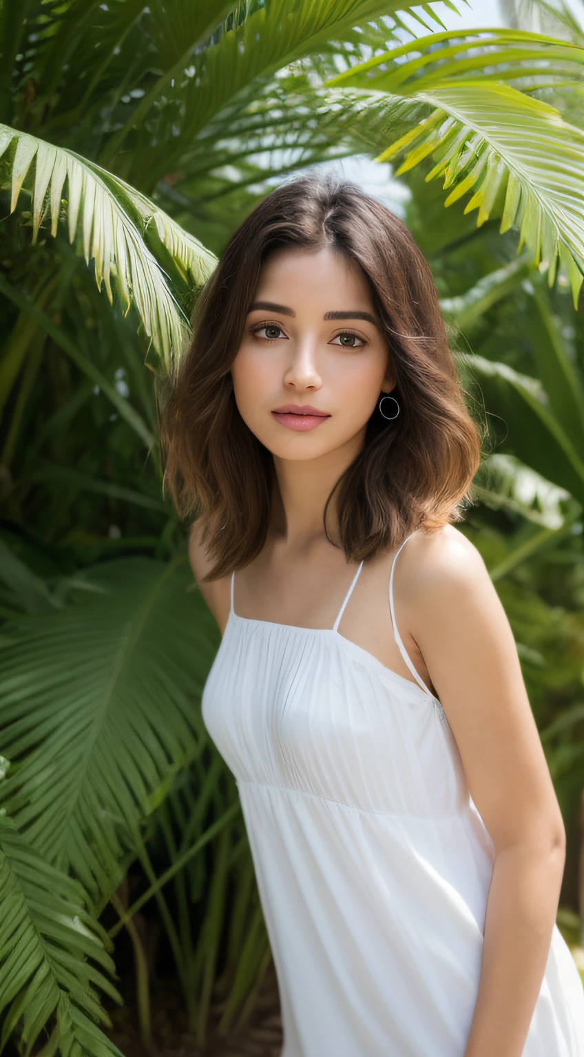 A woman in a white dress standing in front of a palm tree - SeaArt AI