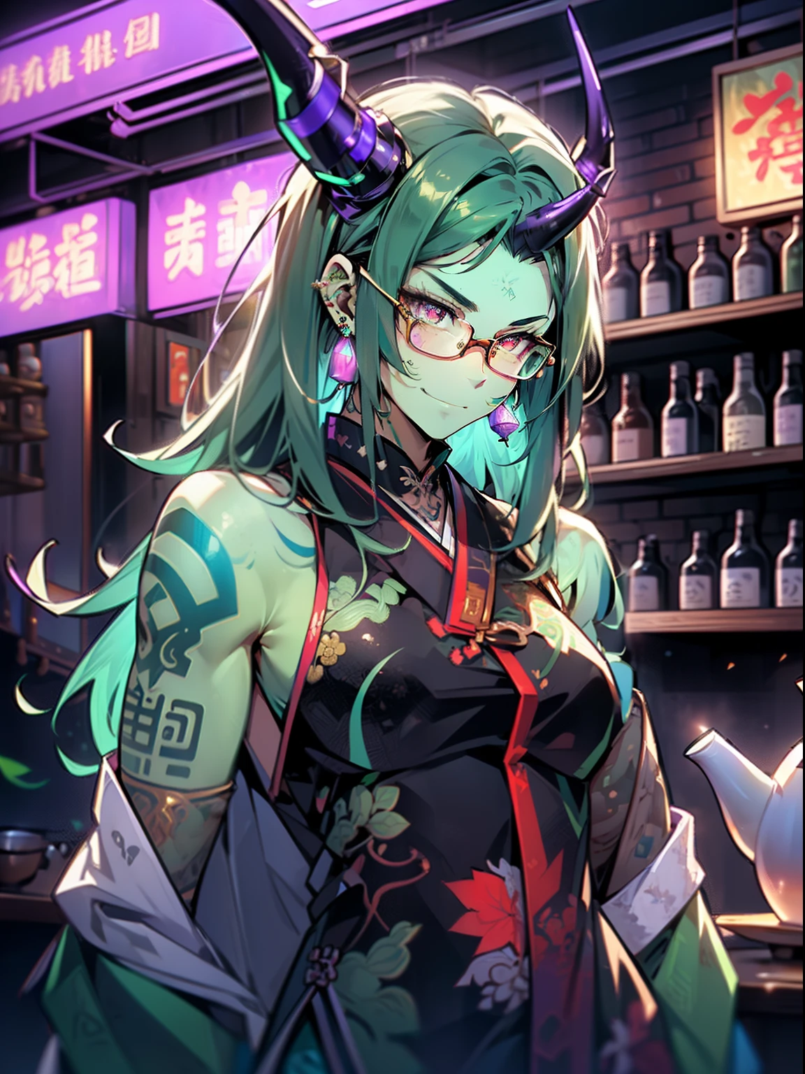 1boy, solo, male focus, adult, muscular male, abs, mature man, smile, (body tattoo:1.4), (torso tatoo:1.4), face tatoo, naked torso, (green skin:1.5), oni, demon, (oni horns:1.3), gradient hair, purple hair, green hair, (long hair:1.4), green eyes, (glowing eyes:1.3), (half-round glasses), neck tattoo, ear piercing, (leaves in hair:1.4), earrings, upper body, looking at viewer, (robe opened), (haori opened:1.3), wide sleeves, (green haori:1.5), (rich clothes), black jeans, spiked belt, green and gold clothes, golden leaves print, neck jewelry, green spiked choker, making cocktail, (pour from the teapot:1.5), holding clay teaspot, chinese teaspot
location: modern bar, (bar \(place\):1.3), ((night club)), (((neon light))), (blue and purple neon:1.5), (wall of alcohol:1.4), (bottles), teaspot