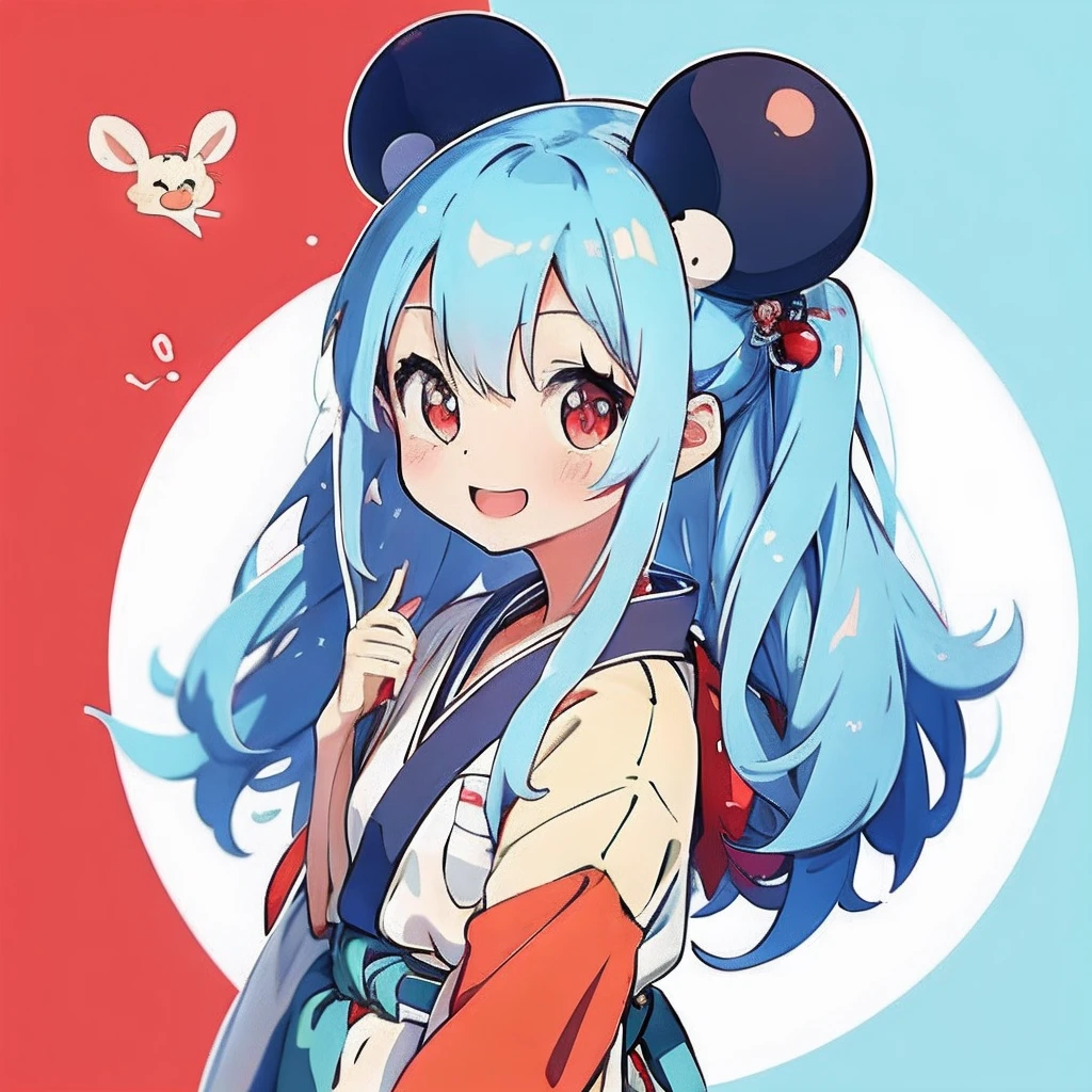 Anime девушка с light blue hair, девушка с１персона、（олицетворение）、прямые  волосы、красное украшение для волос、Anime девушка с round ears of a mouse,  Аниме-изображения милых девушек, （носить красное кимоно）（большие уши  круглые и белые, - SeaArt AI