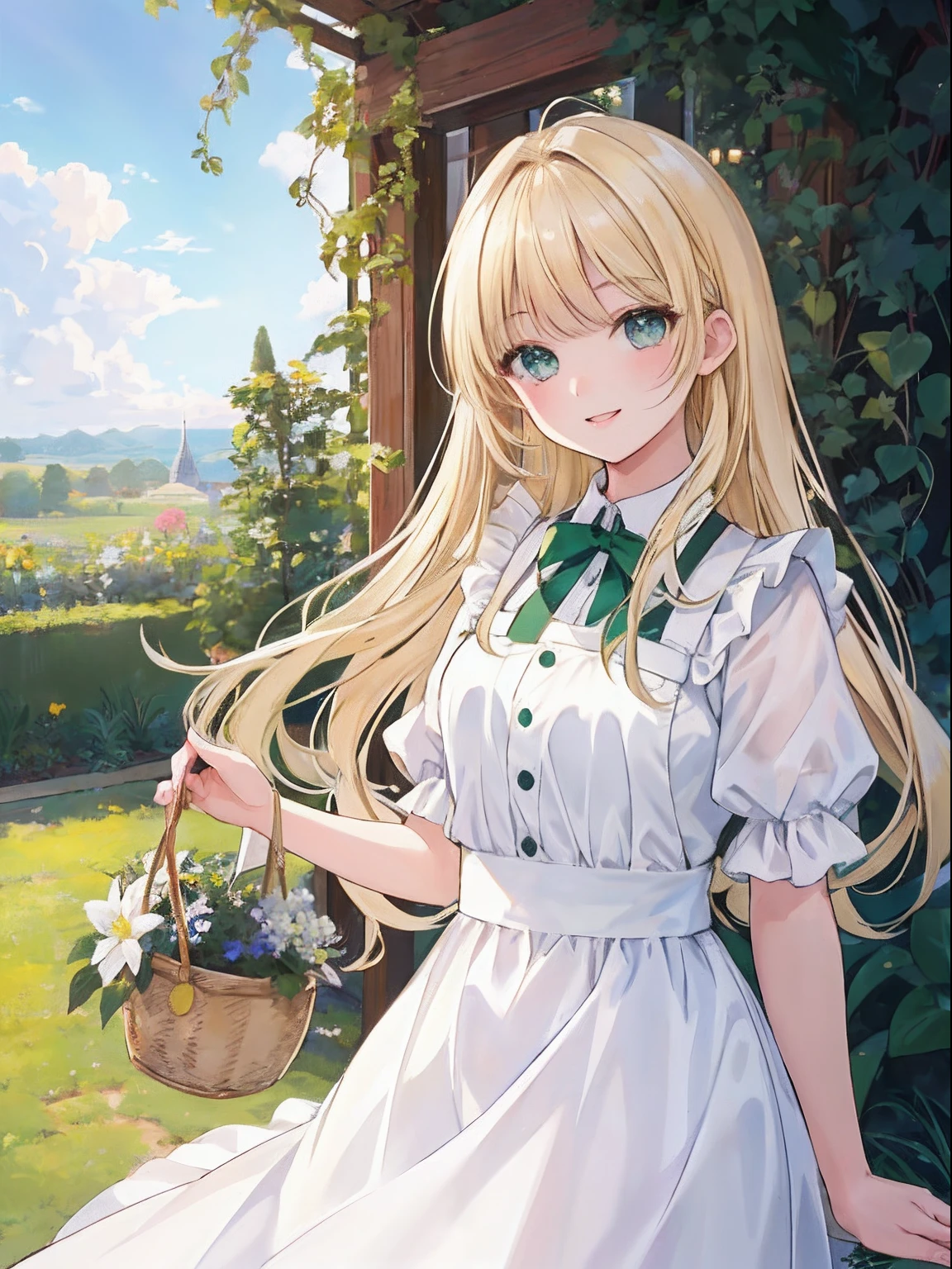 ​masterpiece, top-quality, ultra-detailliert, beautiful  lighting, girl with, White apron, blonde  hair, (green colored eyes: 1.3), standingn, No Parque, Beautiful Landscapes, Slight flushing, smiling, (cute smile face: 1,1), (bright lips: 1,1), (beautidful eyes: 1,1), The long-haired, Harvesting herbs in the garden, platinum-blonde