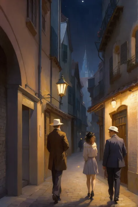 there are three people walking down a street at night, by Krzysztof Boguszewski, inspired by Carl Spitzweg, by John La Gatta, in...