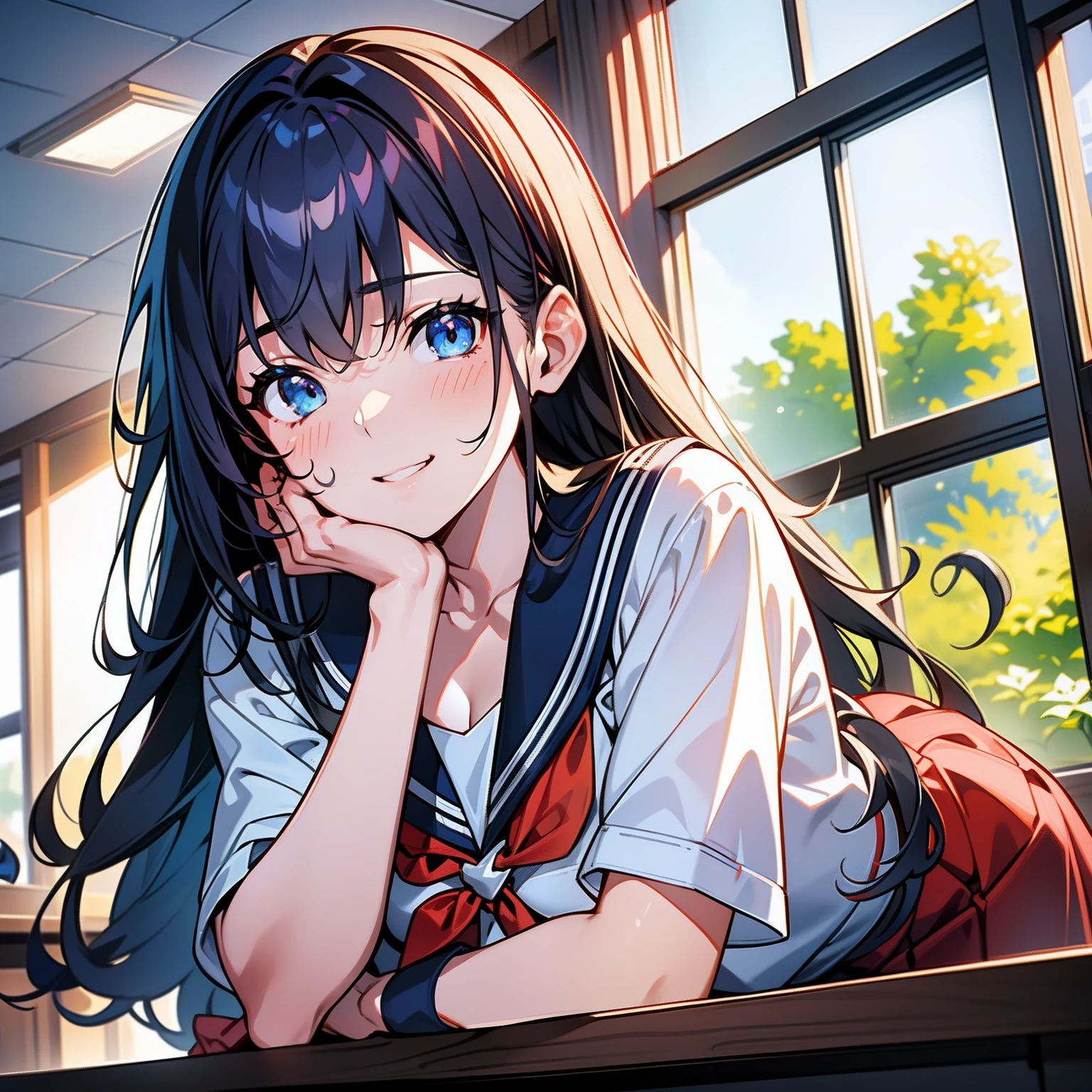 Blue-orange curls are curved inward，It belongs to long-haired，There is a strong sense of freshness and freshness,girl with,((serafuku)), hands on one's face, Elbows on the desk, Sit up, ‎Classroom, sunlights, window, see the beholder, Toothy smile, I can see the cleavage:1.2, Best Quality,Ultra-detailed, High resolution, extremely details CG, Unity 8k Wallpaper, Official art, production art, novel illustration, by famous artist, Caustics, textile shading, super detailed skin, Perfect Anatomy, Detailed, Cinematic lighting, Dynamic lighting, Beautiful detailed eyes, (top-quality), (Ultra-detail), (masuter piece), (hight resolution), (Original), Character Design, Game CG, Detailed Manga Illustration, Realistic head-to-body size ratio:1.2