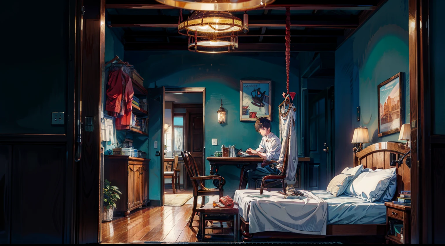 a boy in a small room having two almirahs and cloths are hanging on the rope that is inside the room and the boy is busy with its laptop, that is on the iron table, and the setting on the iron bed next to the table.