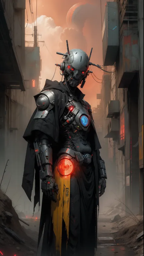 derpd, lethal cyborg assassin wearing robes armor, danger, red-yellow sky,p ost apocalyptic art, neon horror, sci-fi, glitchcore