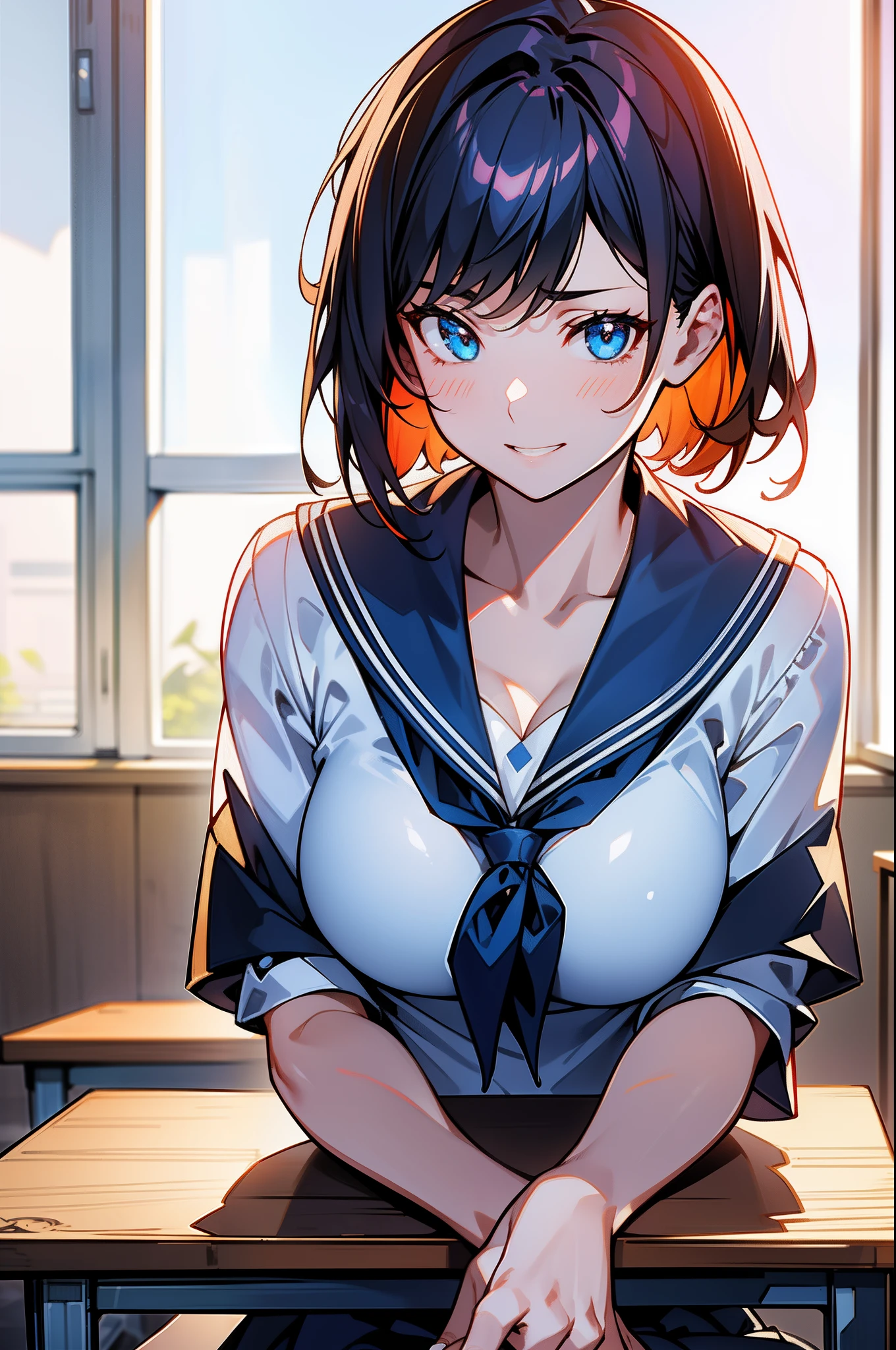 Blue-orange curls are curved inward，It belongs to short-haired，There is a strong sense of freshness and freshness,1girl in,((serafuku)), hands on one's face, Elbows on the desk, Sit up, ‎Classroom, sunlights, window, see the beholder, Toothy smile, I can see the cleavage:1.2, Best Quality,Ultra-detailed, High resolution, extremely details CG, Unity 8k Wallpaper, Official art, production art, novel illustration, by famous artist, Caustics, textile shading, super detailed skin, Perfect Anatomy, Detailed, Cinematic lighting, Dynamic lighting, Beautiful detailed eyes, (top-quality), (Ultra-detail), (masuter piece), (hight resolution), (Original), Character Design, Game CG, Detailed Manga Illustration, Realistic head-to-body size ratio:1.2