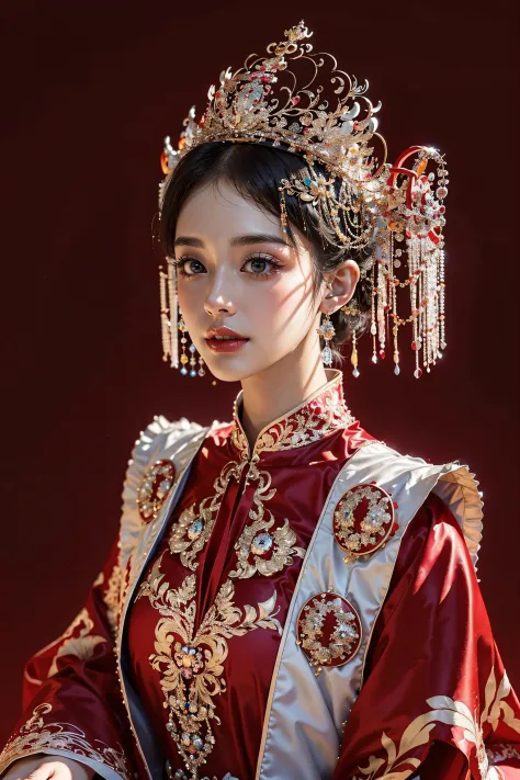 high resolution, Close-up photo of girl wearing tiara in a bun wearing a red and gold dress, ultraclear, Flawless and delicate f...
