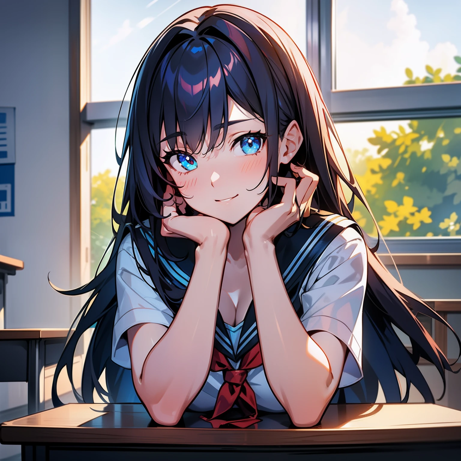Blue-orange curls are curved inward，It belongs to long-haired，There is a strong sense of freshness and freshness,girl with,((serafuku)), hands on one's face, Elbows on the desk, Sit up, ‎Classroom, sunlights, window, see the beholder, Toothy smile, I can see the cleavage:1.2, Best Quality,Ultra-detailed, High resolution, extremely details CG, Unity 8k Wallpaper, Official art, production art, novel illustration, by famous artist, Caustics, textile shading, super detailed skin, Perfect Anatomy, Detailed, Cinematic lighting, Dynamic lighting, Beautiful detailed eyes, (top-quality), (Ultra-detail), (masuter piece), (hight resolution), (Original), Character Design, Game CG, Detailed Manga Illustration, Realistic head-to-body size ratio:1.2