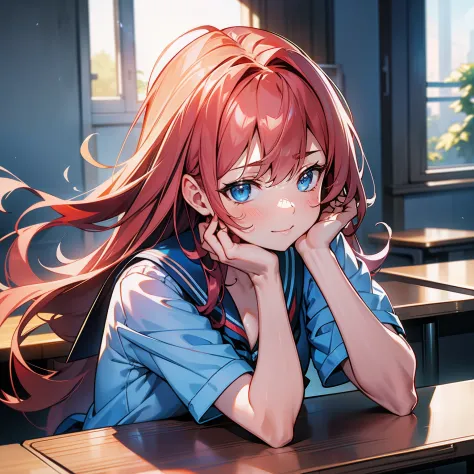 Blue-orange curls are curved inward，It belongs to long-haired，There is a strong sense of freshness and freshness,16yo girl,((serafuku)), hands on one's face, Lean on the desk with your elbows on the desk, ‎Classroom, sunlights, window, see the beholder, To...
