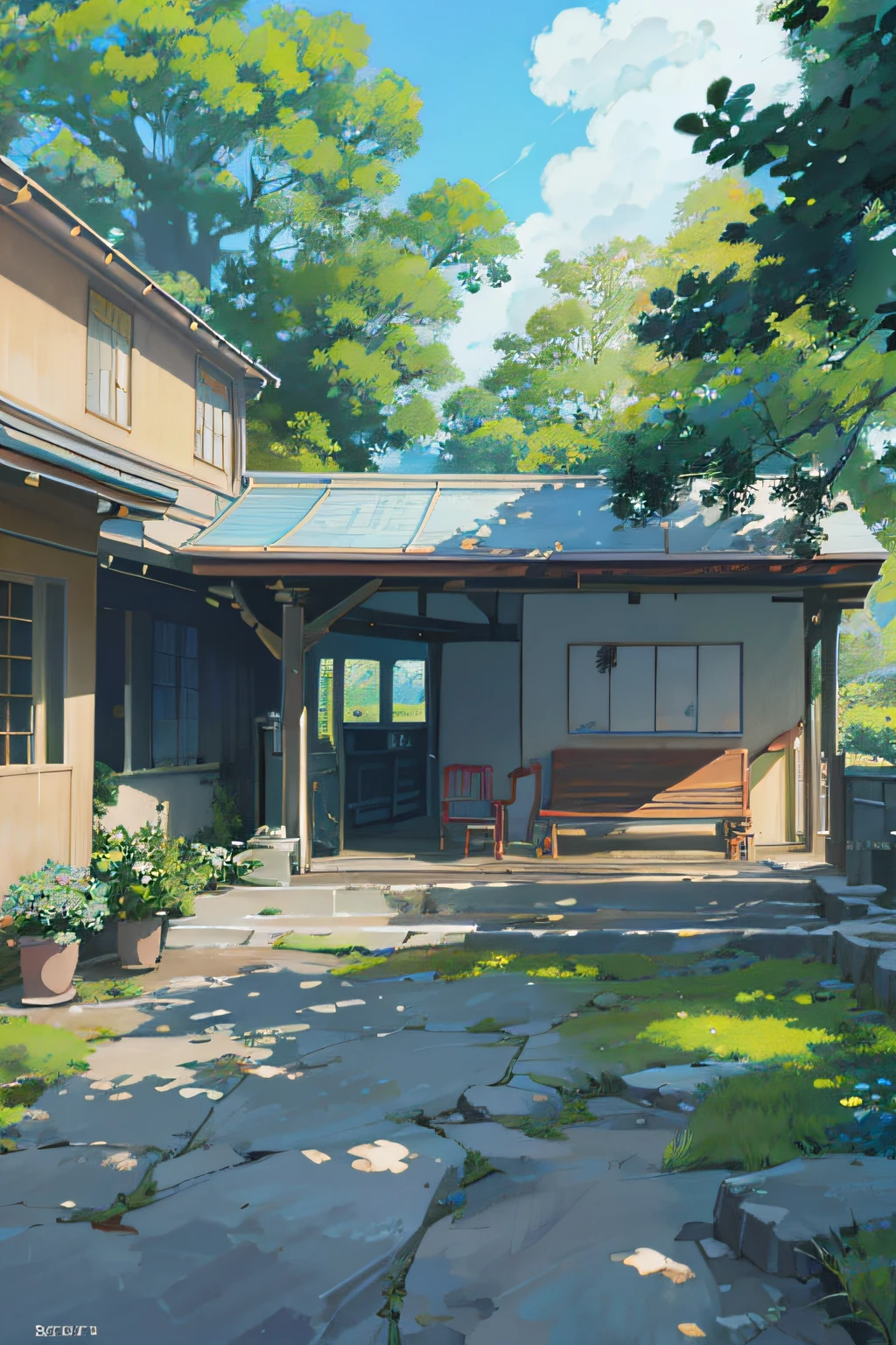 painting of a courtyard with a table and chairs and a bench, anime background art, relaxing concept art, anime scenery concept art, immensely detailed scene, a beautiful artwork illustration, detailed scenery —width 672, studio ghibli environment, highly detailed scene, environment design illustration, beautiful anime scene, ghibli studio style, anime scenery, detailed soft painting, environment painting