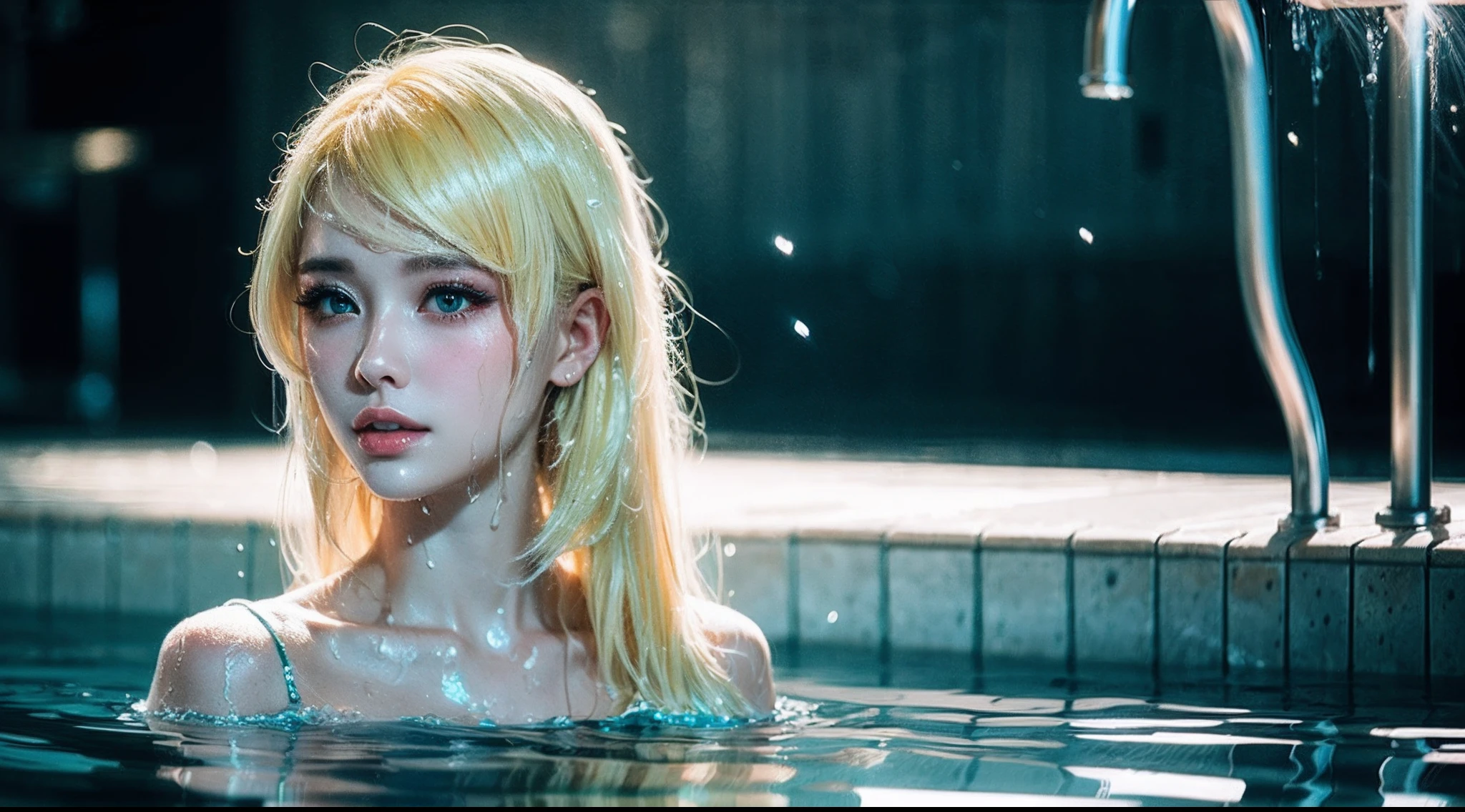 Pool、Wet and messy hair、Beauty half out of the water、Red and blue face lines、Feminine expression)(Blonde hair:1.3), (A Lot of Hair:1.3), (detailed hairs:1.2),Water surface details depict reflected light，Sparkling light particles，Perfect lighting