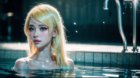 pool、wet and messy hair、beauty half out of the water、red and blue face lines、feminine expression)(blonde hair:1.3), (a lot of ha...