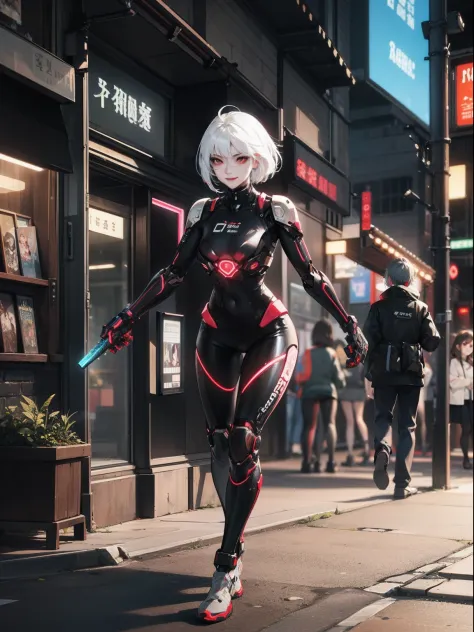 a landscape in a cyperpunk city, neon tokyo, with a young beautiful mature female with short and white hair, red eyes, asian tra...