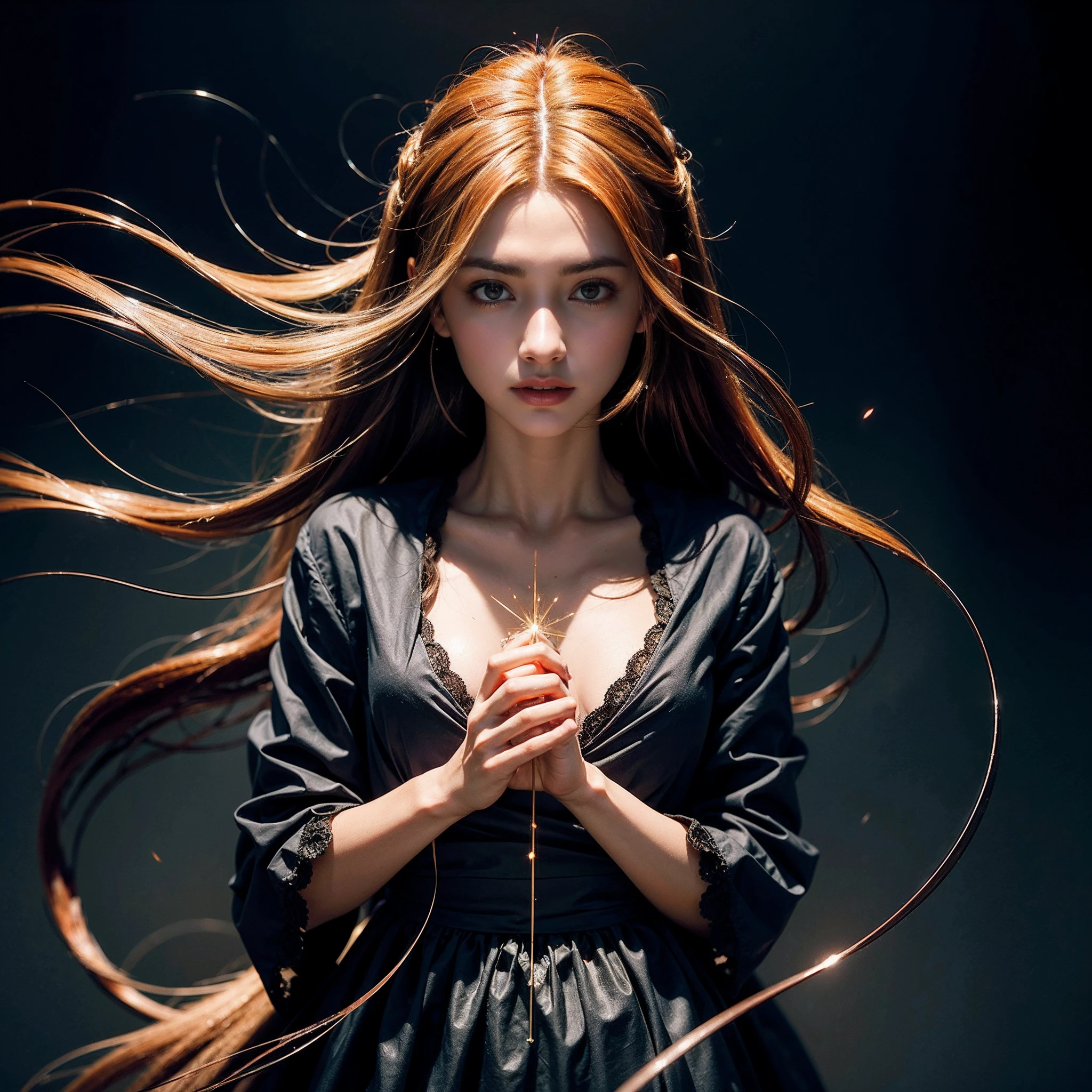 (obra maestra) (La mejor calidad) In a dark room of a strange reddish mist and golden sparks emerges a beautiful and beautiful witch of demonic appearance and great magical powers.. Your hair is being lifted upwards by a mysterious wind.