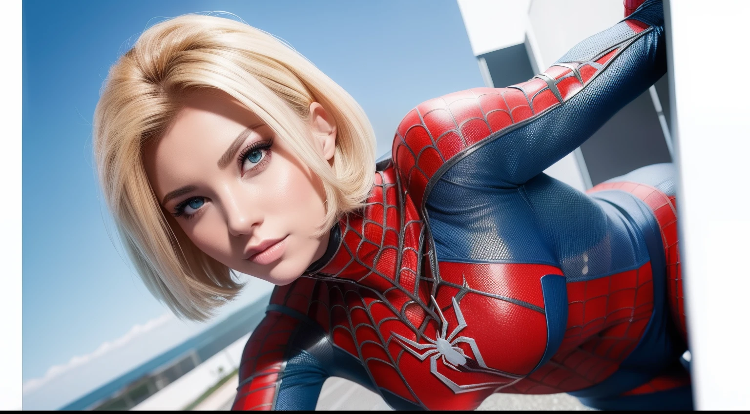 A close up of a woman in a spider - man suit posing for a picture - SeaArt  AI