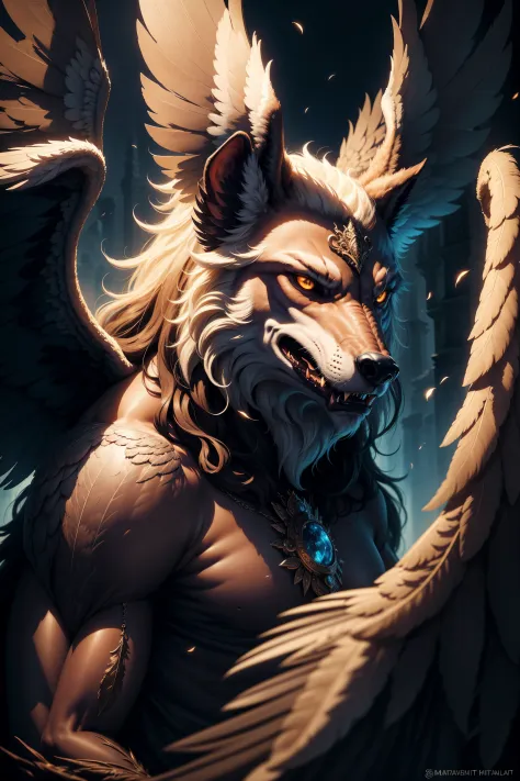 （masterpiece）, best quality, ultra-detailed, Realistic portrait, Werewolf ,lycanthrope, Greek mythology, mythical creature, majestic feathers, powerful presence, vibrant colors, divine light illuminating the scene, intricate details on wings and beak, ethe...