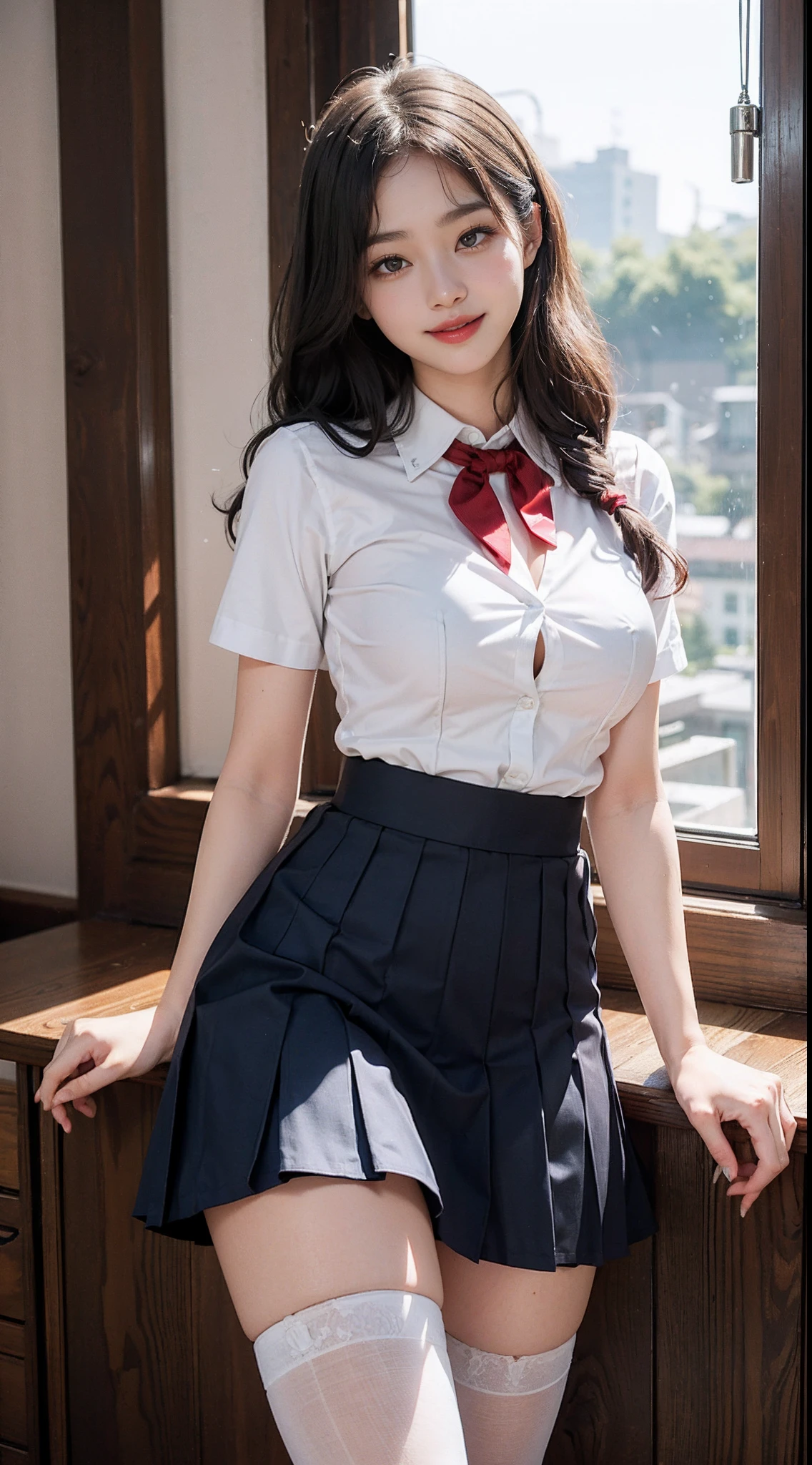 Korean School Uniform, White and Blue Summer  Shirt, belly is visible、Ribbon Ties, Short skirts, School Classroom, School stairs,  8k RAW photo, hight resolution, Cool 19 year old woman、busty girl, Open shirt has cleavage, beautiful eyes in detail, long eyeslashes, Slender eyes, elongated eye shape, Sanpaku eyes, grinning evily, Evil expressions, Beautiful and very thin calves, Beautiful and thick thighs, Striped stockings，big wavy hair, Gravure Pose、miscievous smile