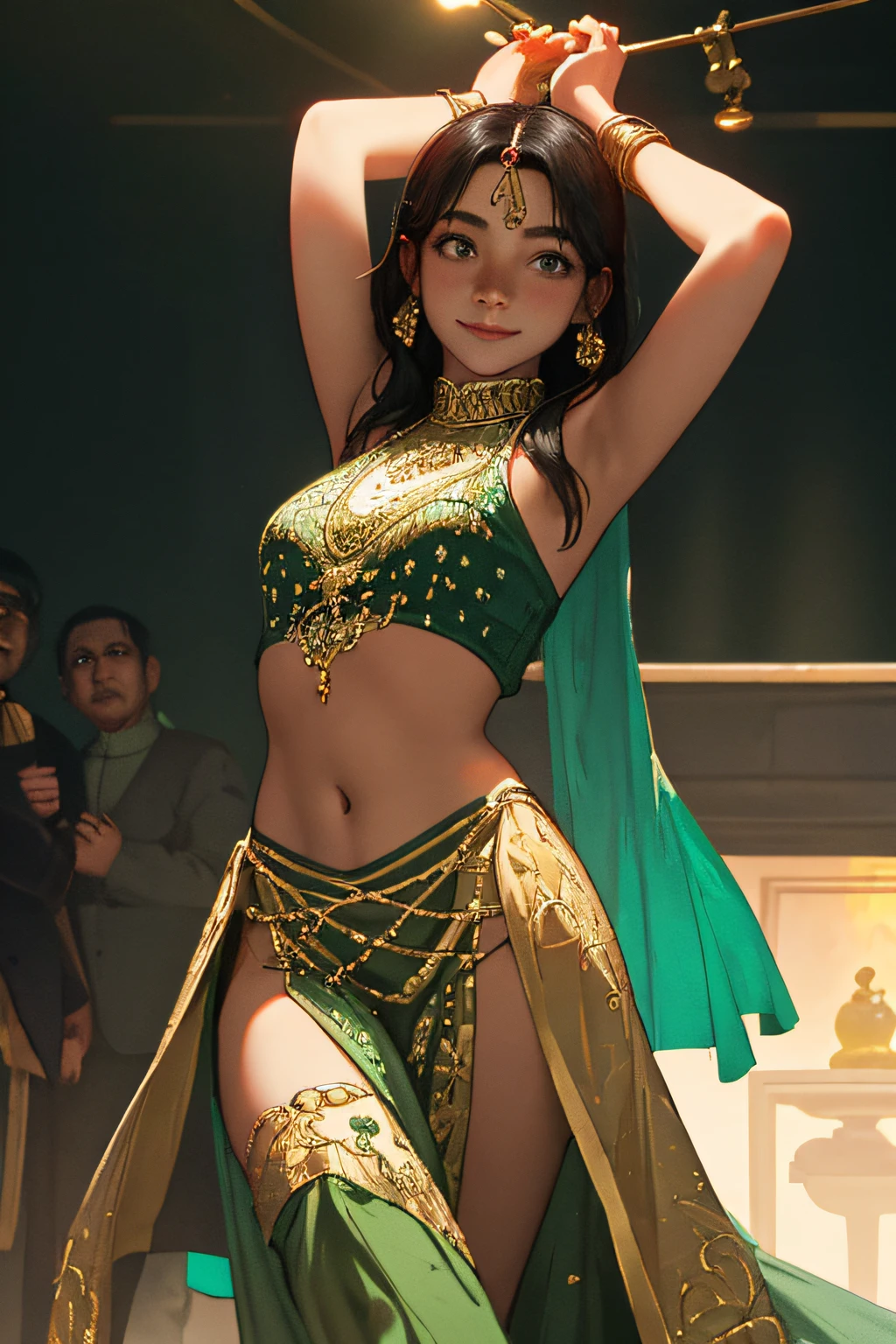 (masterpiece, best quality, realistic), 1girl, background, indian dress, dancing, intricate, dark green dress, gold, indian palace, india, indian person, banquet, crowd, picking up skirt, darker skin, [slight smile],