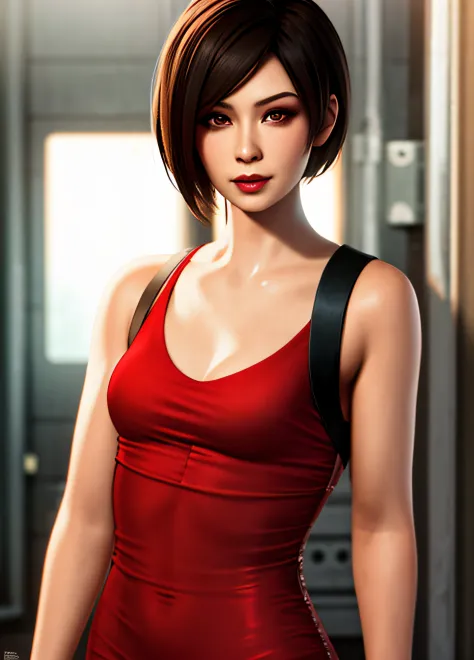 young woman 20 years old, red dress, resident evil style, brown eyes, realistic style, 8k, small breasts, asian, model ada wong ...