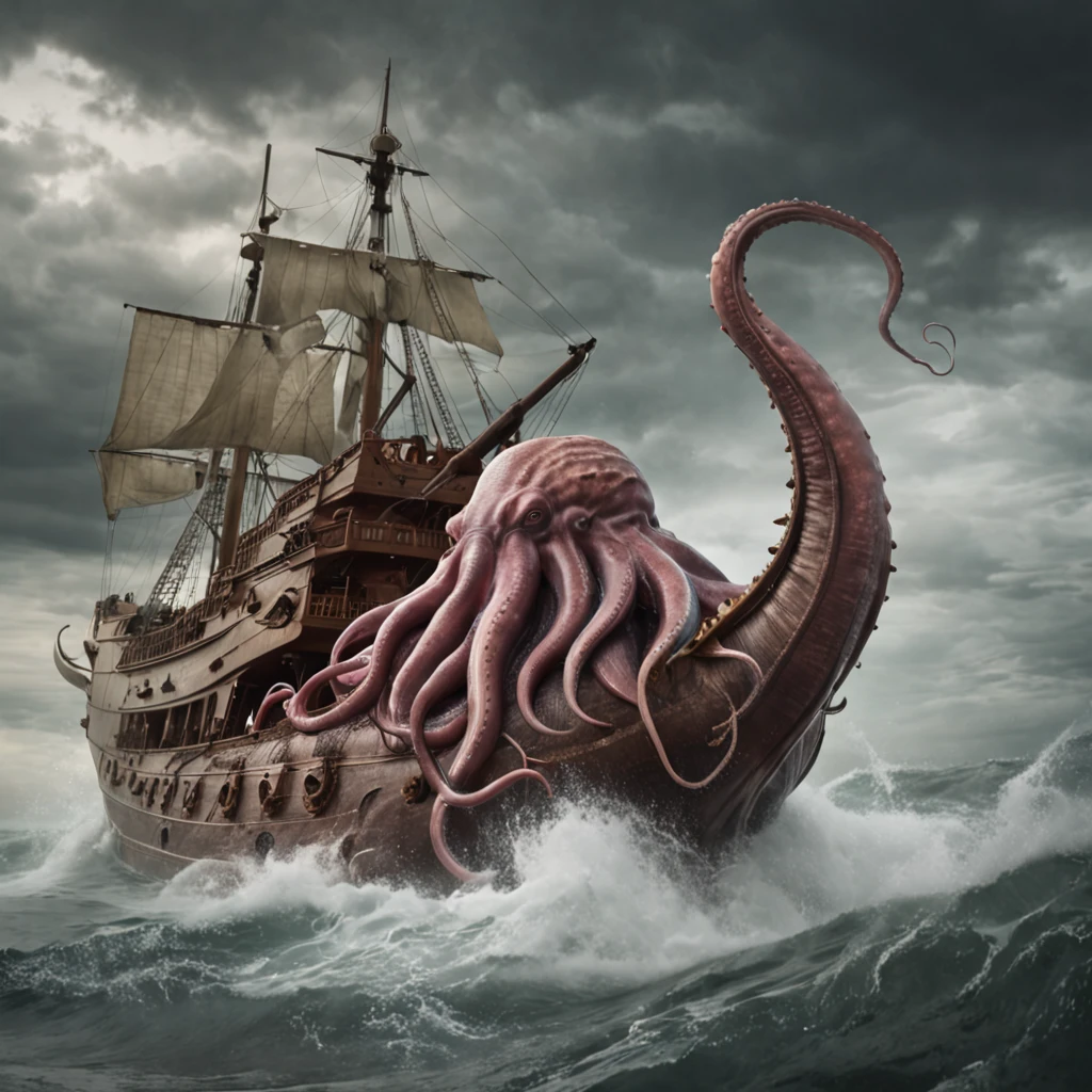 octopus attacking a ship in a storm, Cthulhu rising from the ocean ...