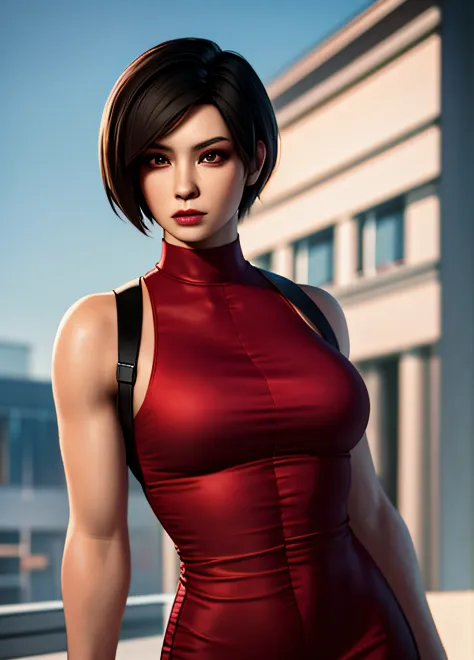 young woman 20 years old, red velvet dress, resident evil style, brown eyes, athletic body, realistic style, 8k, medium breasts,...