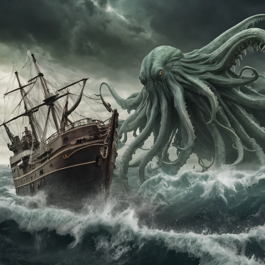 Sea Creature attacking a ship in a storm, Cthulhu rising from the ocean ...