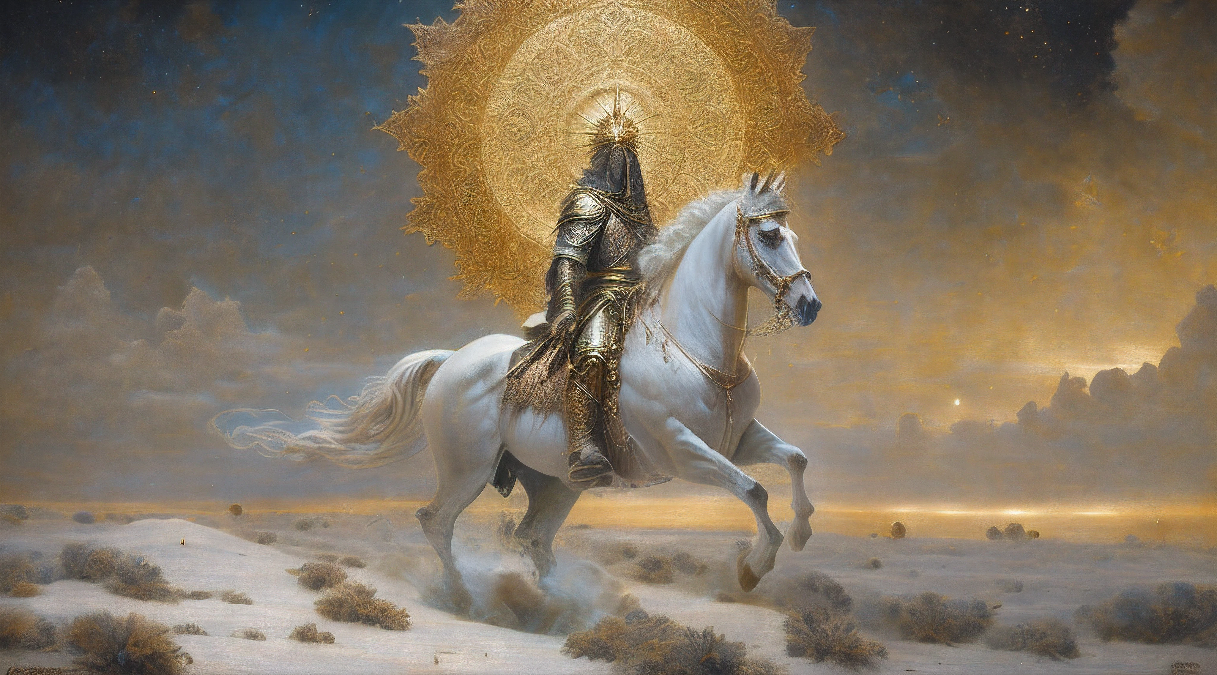 pintura de um homem montado em um cavalo em um deserto com um sol no fundo, épico eslavo, Paladino Santo, Ivan Aivazovsky, Dirigido por: Donato Giancola, Grande Rei de Stovokor, cavaleiro teutônico, Armadura Sagrada, arte conceitual de deus, inspirado em Carl Heinrich Bloch, Dirigido por: Artur Tarnowski, Santo de ouro bonito, escorregadio