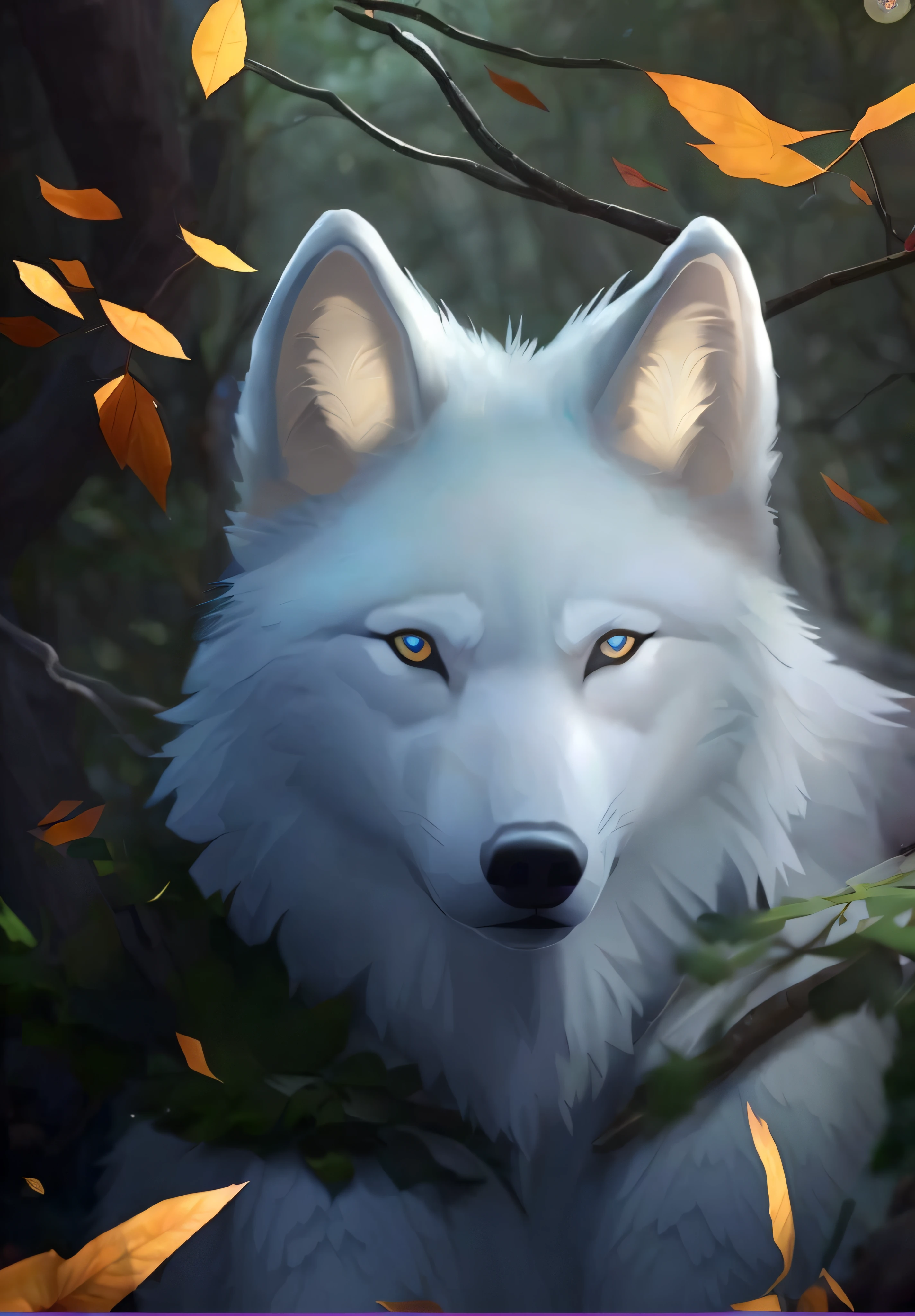 pintura de um lobo branco em uma floresta com folhas, lobo branco, retrato do lobo da fantasia, um lobo branco, retrato do lobo, grande lobo, lobo peludo, Lobo branco com olhos azuis, companheiro lobo, lobo, foto de lobo, anthropomorphic wolf, alpha wolf head, an anthropomorphic wolf, Angielobo, cara de lobo antro