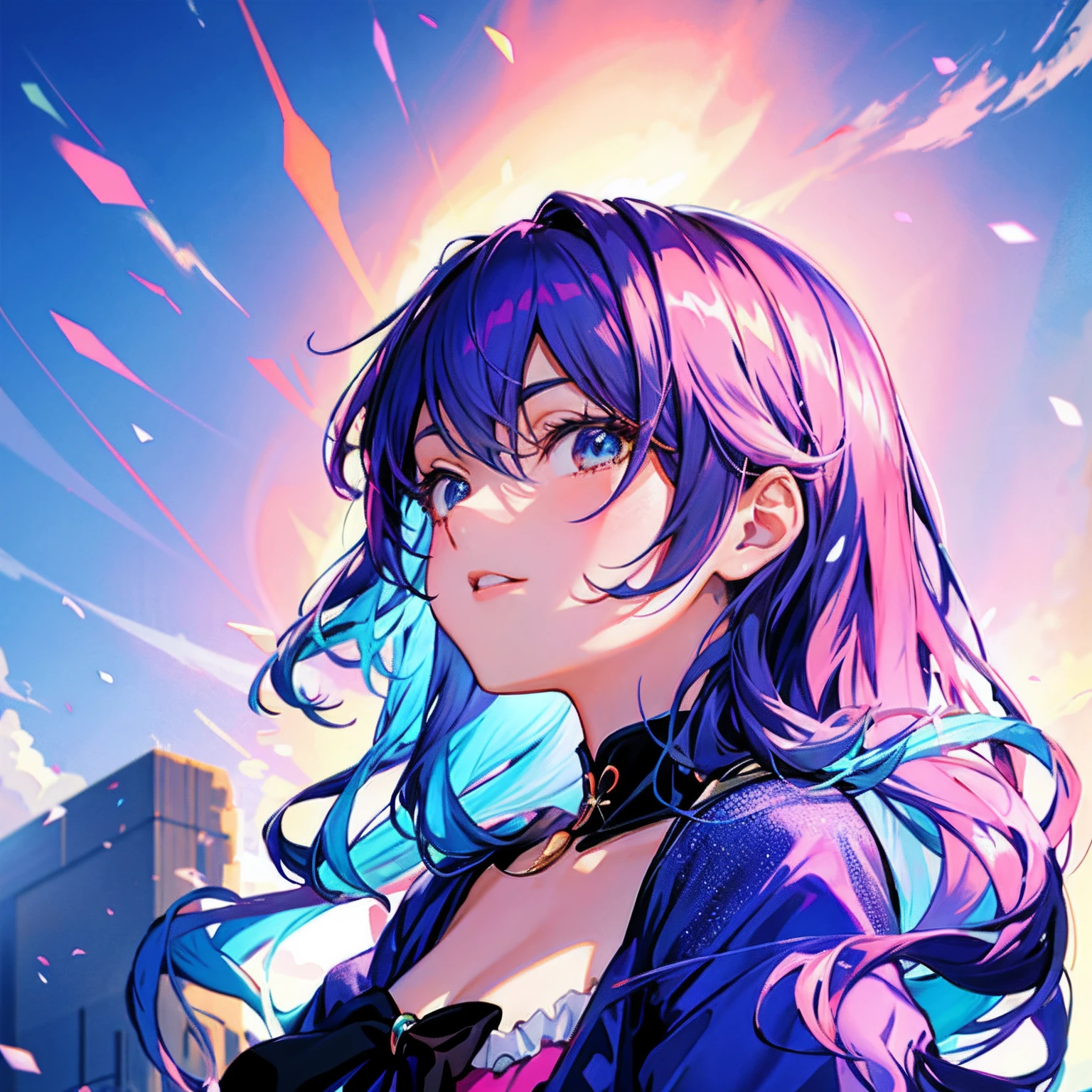 A woman with long purple hair and blue eyes standing in front of a city -  SeaArt AI