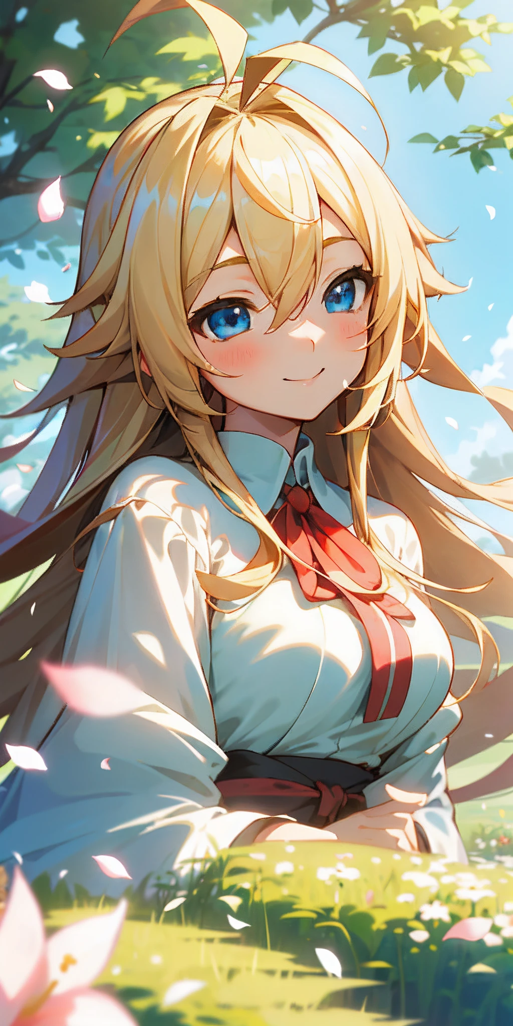 (top-quality、​masterpiece、A hyper-realistic)、String Maki、Blue eyes full of joy、a blond、length hair、Colossal tits、((Ahoge、Ahoge))、A smile、1 beautiful delicate portrait of a girl with a soft and peaceful expression、The landscape in the background is a garden with petals and papas flying around。