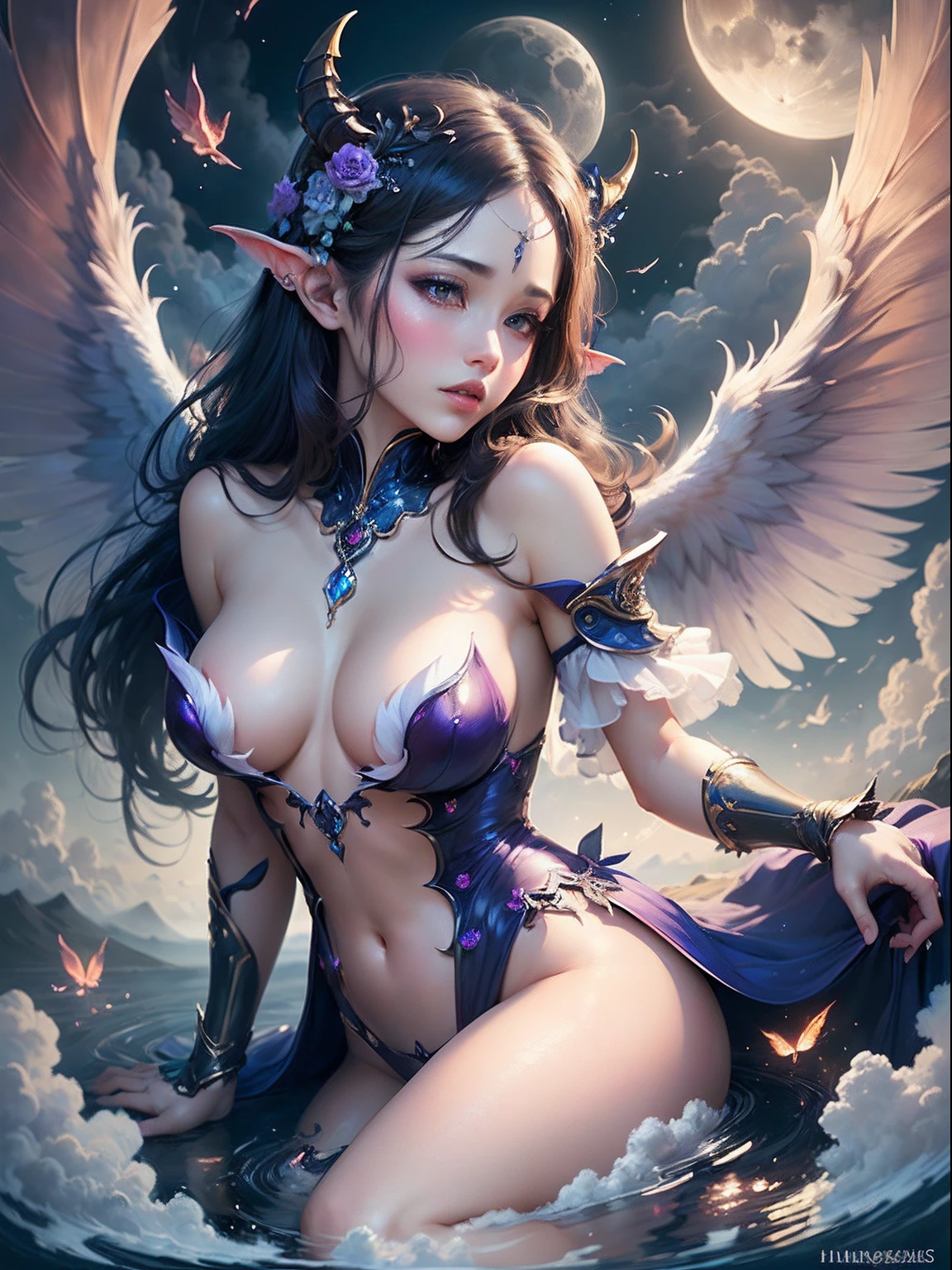 SEX、A sexy、teats、Beautie、((​masterpiece))、detail portrayal、seductive  succubus、Fantastic beauty、Float above the clouds、(fantasy  illustrations:1.3)、Delicate wings、Otherworldly charm、mystical sky、Moon  Night、Soft colors、(detailed cloudscape ...