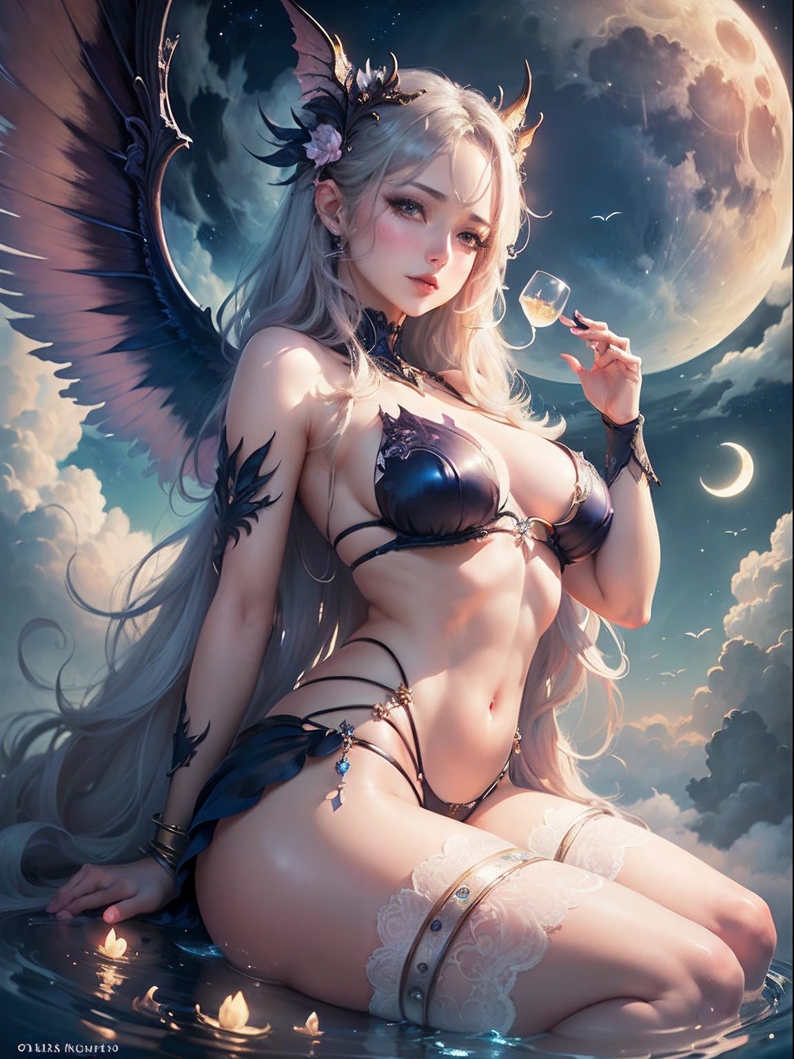 SEX、A sexy、teats、Beautie、((​masterpiece))、detail portrayal、seductive  succubus、Fantastic beauty、Float above the clouds、(fantasy  illustrations:1.3)、Delicate wings、Otherworldly charm、mystical sky、Moon  Night、Soft colors、(detailed cloudscape ...