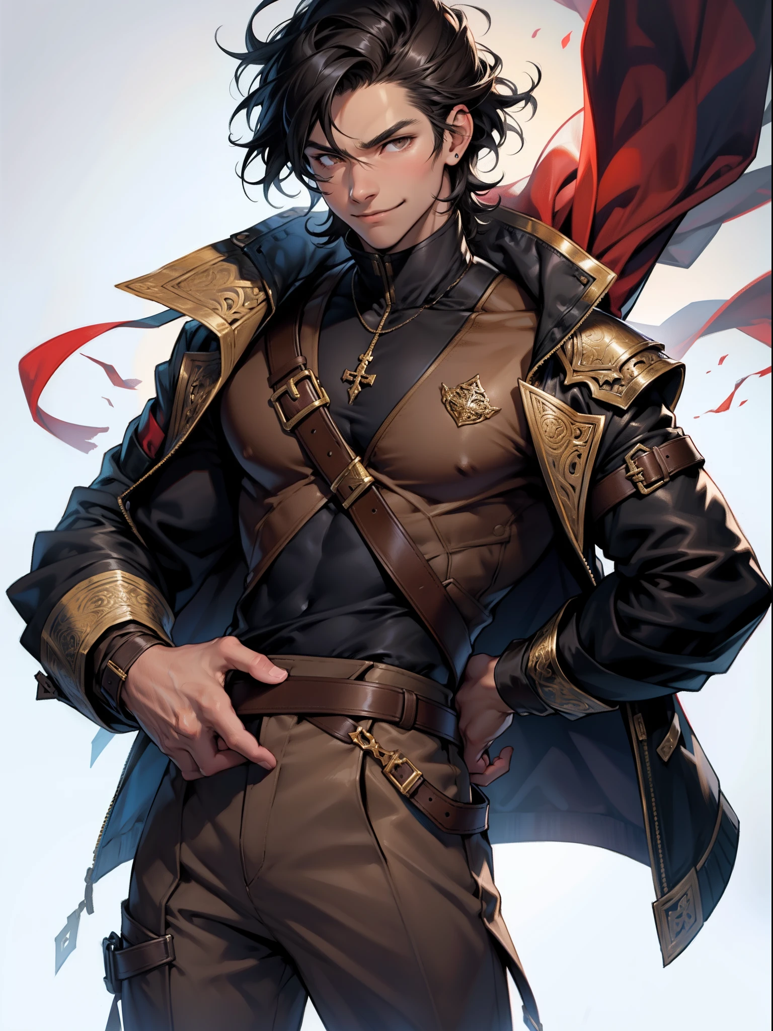 1boy, light caramel skin color, medium rough black hair, fantasy clothes, jacket, brown pants, brown eyes, smirking, absurdres, high res, ultrasharp, 8K, masterpiece, looking at viewer