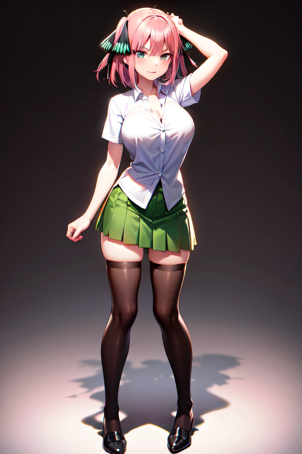 masterpiece, best quality, highres, Nakano nino, 1girl, solo, pink hair, short hair, busty, butterfly hair ornament, large breasts, cleavage, green skirt, white shirt, collared shirt, open clothes, black thighhighs, short sleeves, skirt lift, looking at viewer, annoyed, blush, full body, standing, simple background, arms behind head, (erotic pose:1.4)