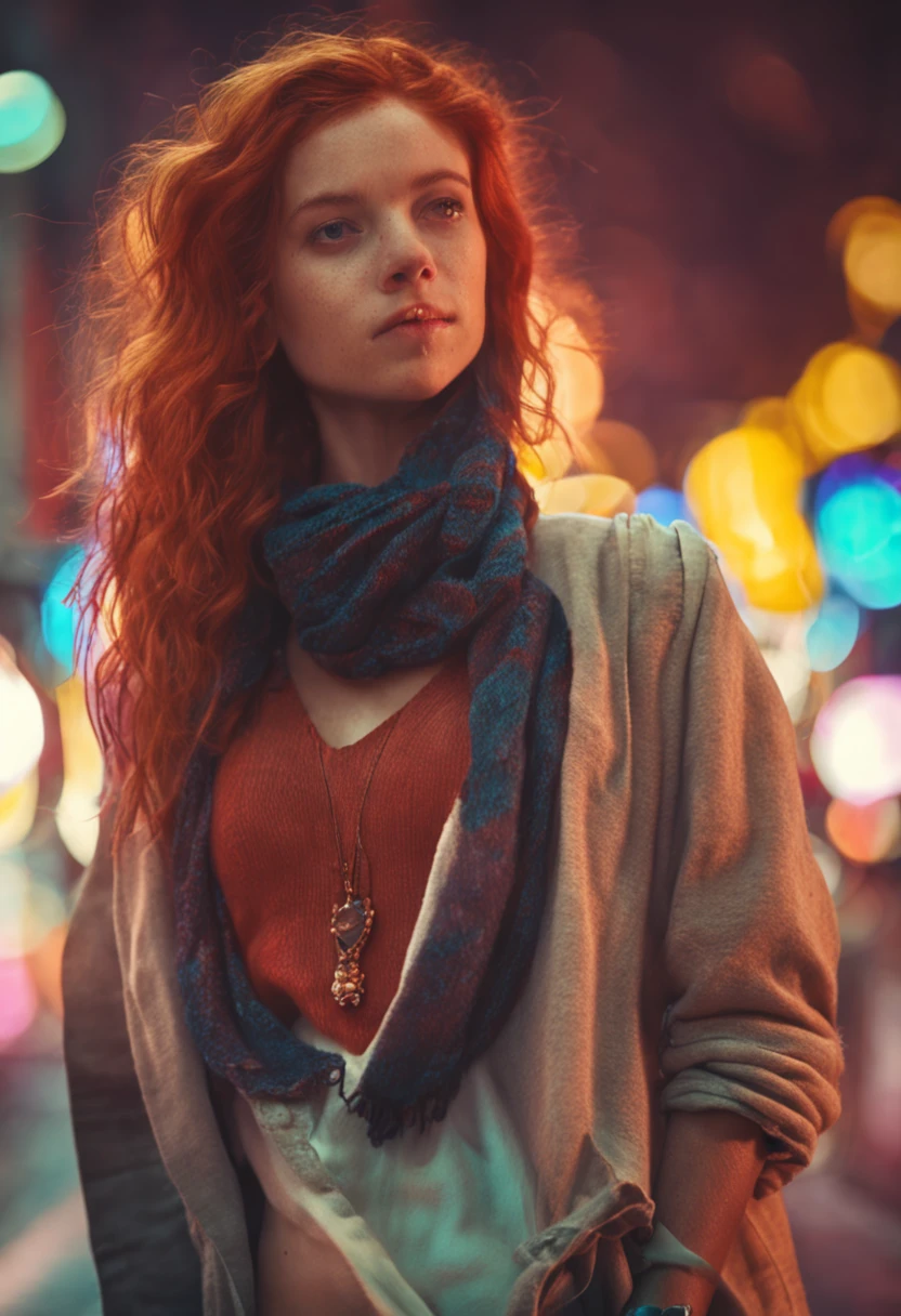 Arafed femme aux cheveux rouges et foulard debout dans la rue la nuit -  SeaArt AI