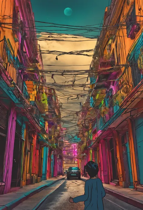 Araffe walking down a narrow street in a city with buildings - SeaArt AI