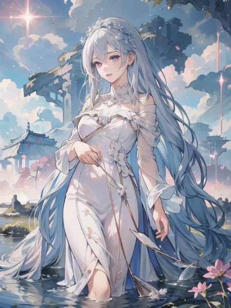 anime girl with long white silver hair standing in water with flowers, anime goddess, white haired deity, trending on artstation pixiv, cute anime waifu in a nice dress, ((a beautiful fantasy empress)), beautiful anime artwork, ”beautiful anime woman, port...