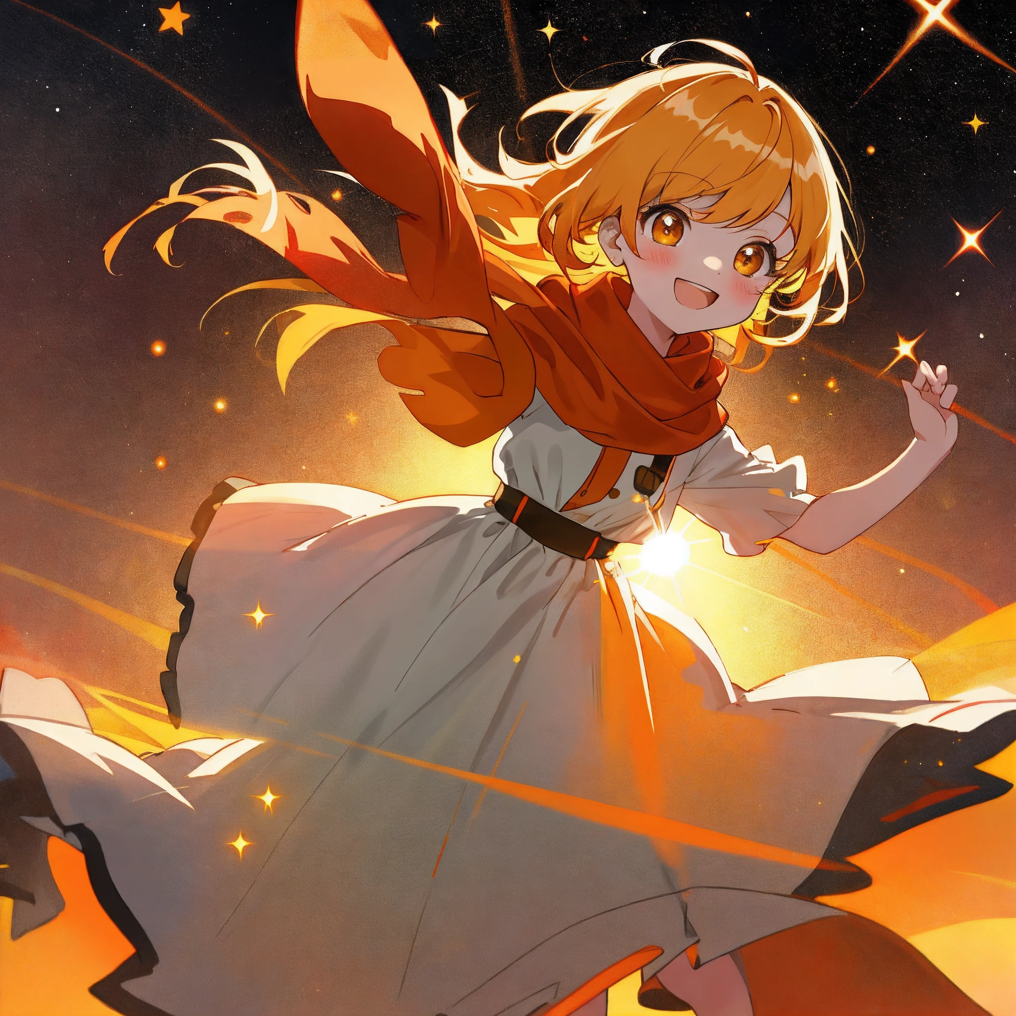 Orange-yellow gradient hair，With bangs，Hair on both sides，Cheerful and lively ，With a red scarf，The dress is a black skirt，adolable，There is light in the eyes，The background is night，There are stars around，The girl hangs in the air，And this girl seems to bring ligh surroundings are brigh like a warm sunset，The light emitted is small and warm