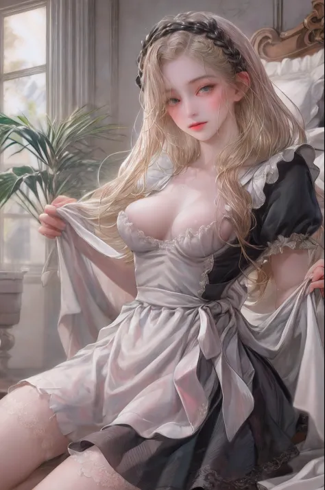 Young maid of one of the nobles、((((blonde  hair))))、((Viewer's Perspective))、(((Monotone Maid Clothes)))Normal breasts、sweat-wet skin、on the beds、Wide legs open、((Brothels))、(((Pink lighting)))