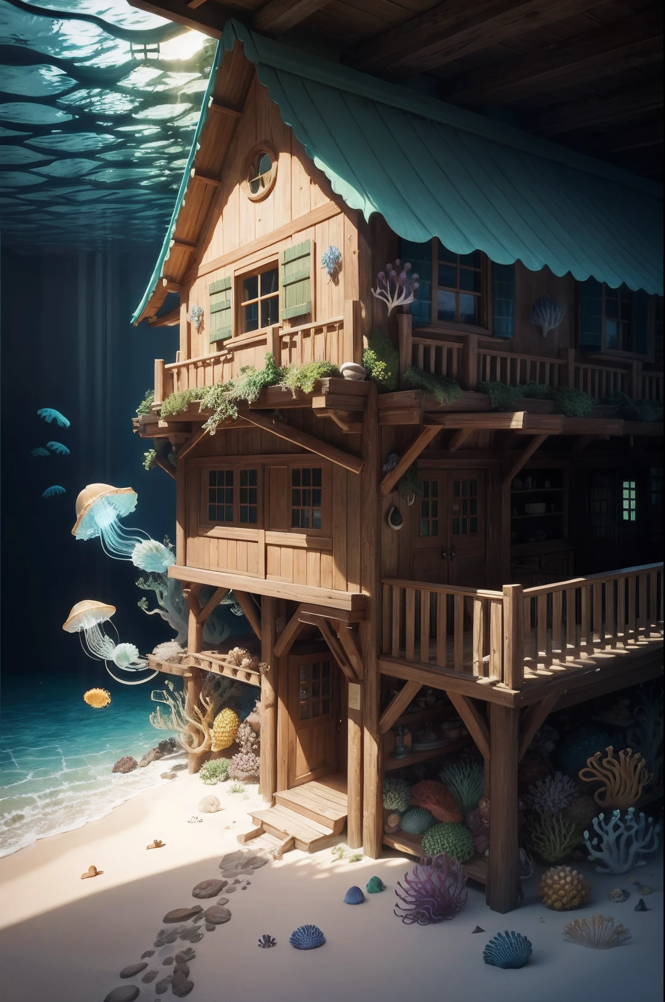 Pineapple house under the sea, jelly fish, sea anemone,Fish, squid,crabs